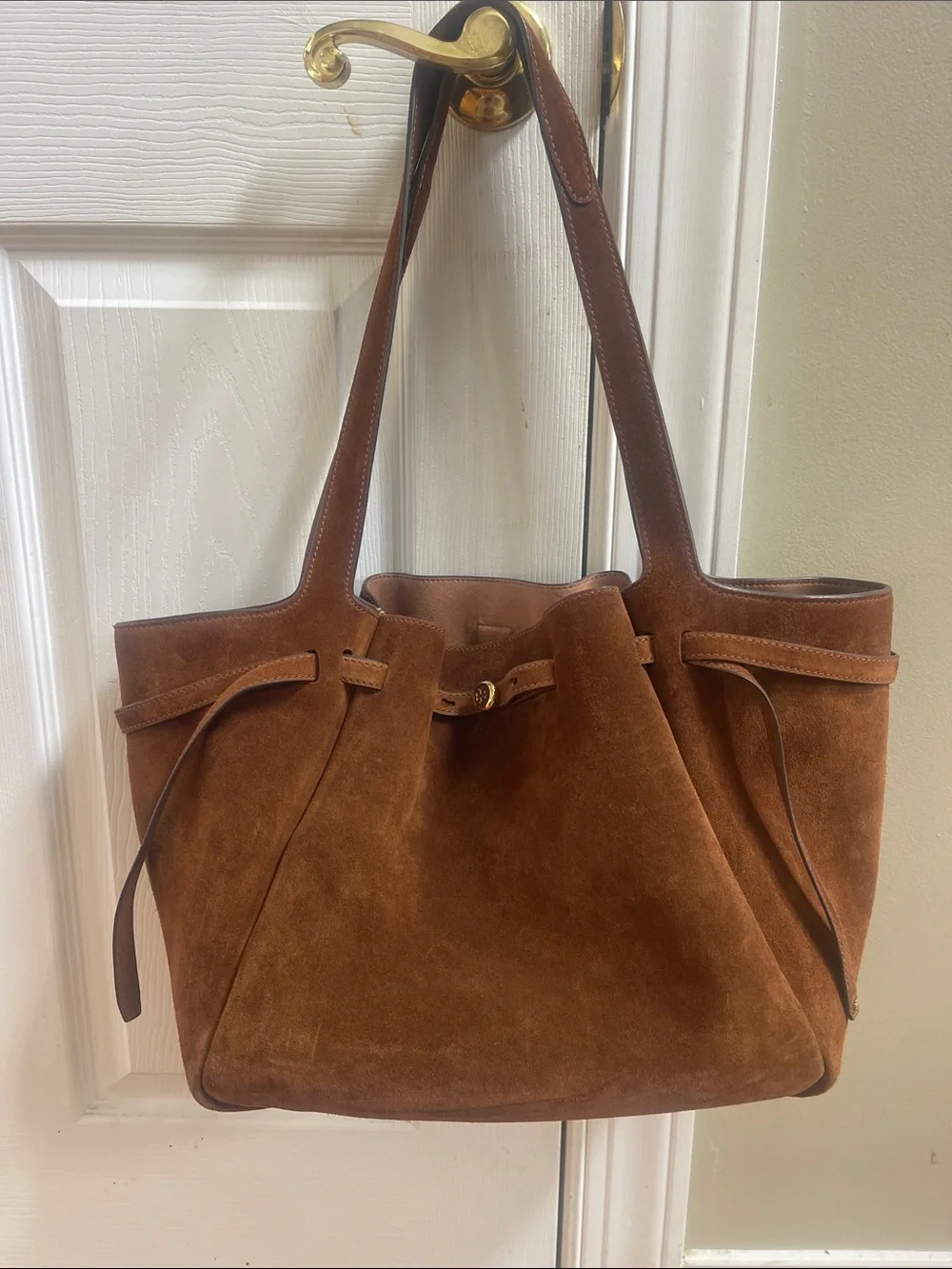 Tory Burch Large Romy Caramel Suede Shoulder Tote Bag